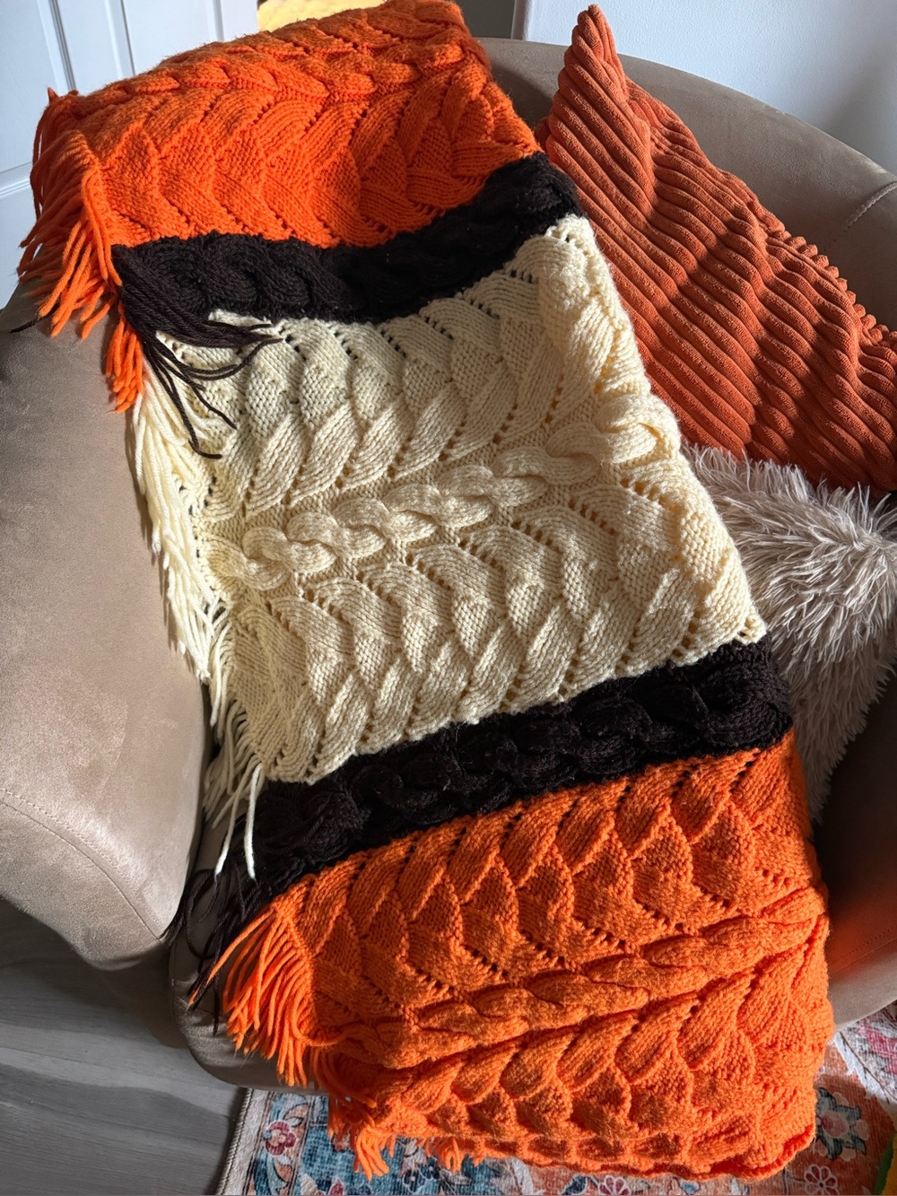 Oversized Hand Knit Cable Knit Afghan Throw Blanket 64x106 Rustic Fall Fringe